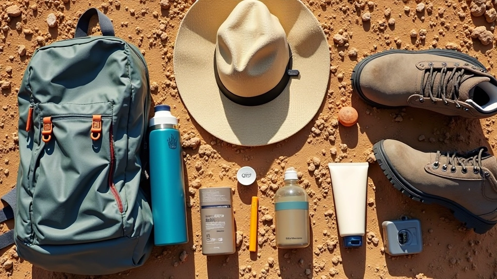 Equipamiento básico para caminata: mochila, botella de agua, sombrero y protector solar sobre fondo natural