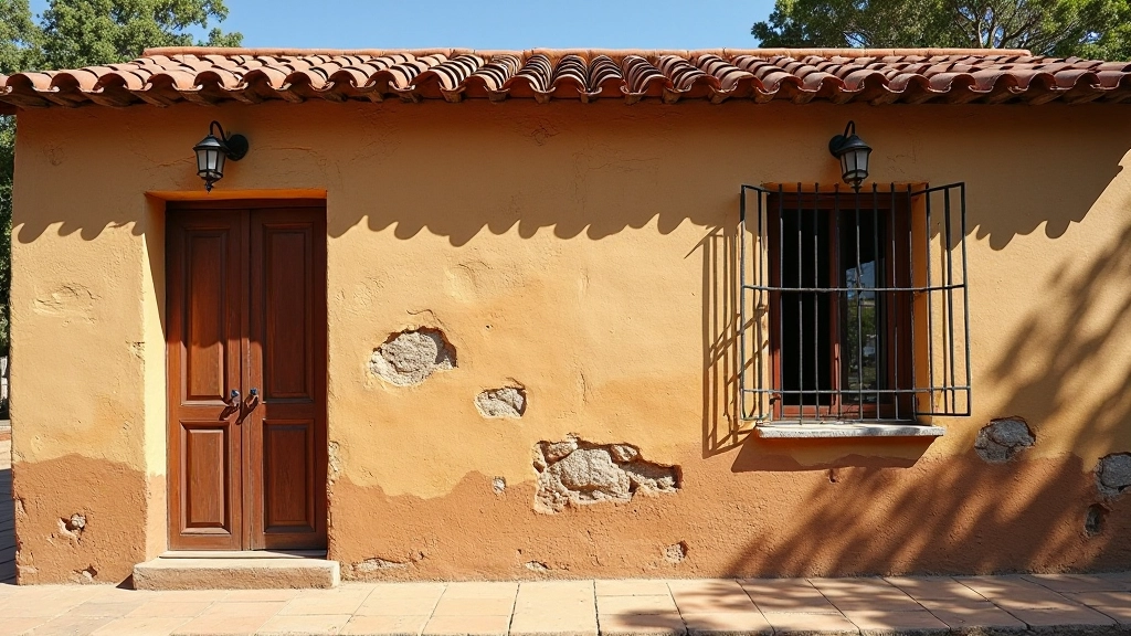 Construcción antigua de adobe con deterioro del tiempo, arquitectura colonial preservada, ventanas con rejas de hierro, techo de tejas coloniales
