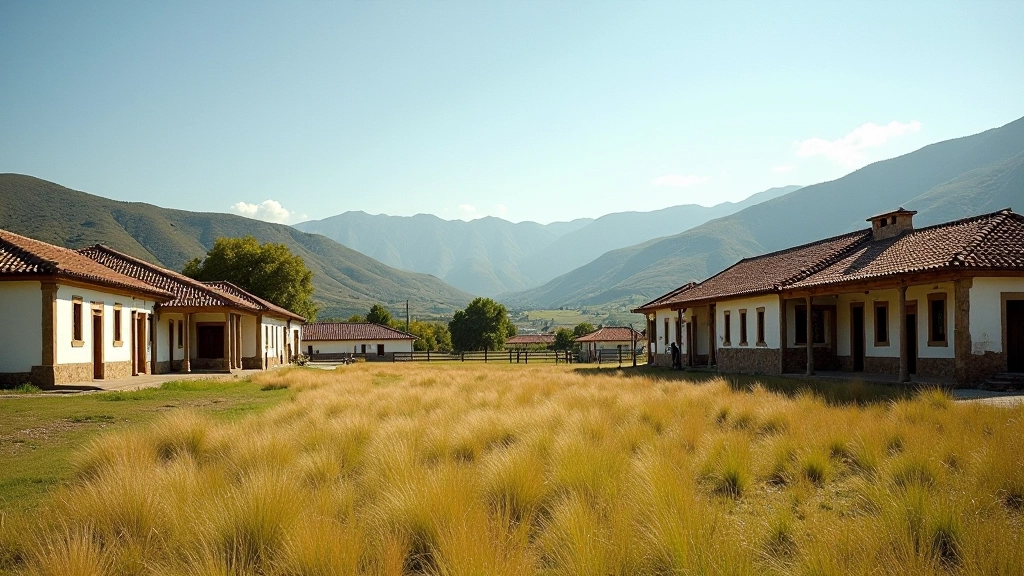 Fotografía antigua de San José de la Esquina mostrando construcciones coloniales y paisaje rural histórico