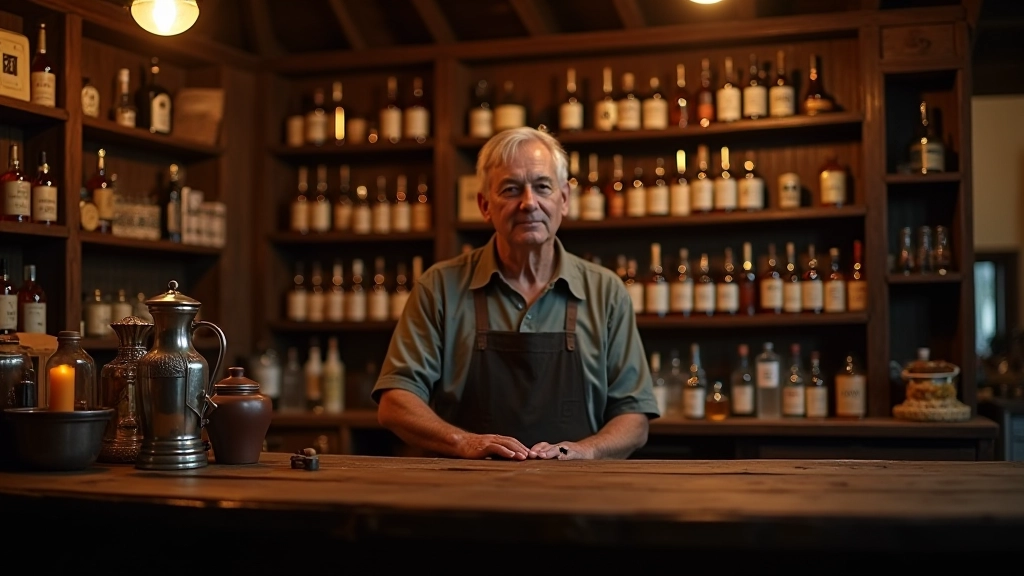 Interior rústico de pulpería histórica con mostrador de madera y estanterías con productos antiguos