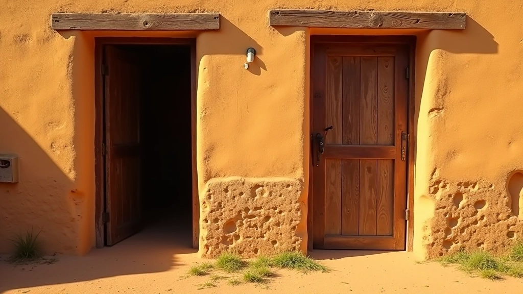 Almacén rural histórico con fachada de adobe, puerta de madera oscura y ventanas pequeñas, entorno de pastizales