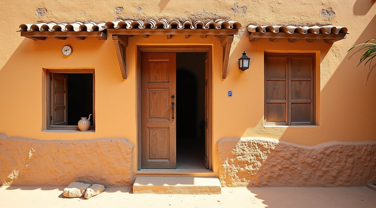 Fachada histórica de pulpería rural con paredes de adobe y puerta de madera rústica