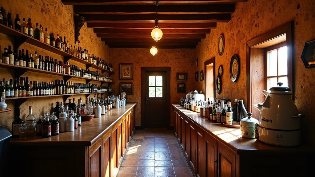 Interior de pulpería histórica con mostradores de madera, botellas de bebidas tradicionales, y decoraciones rústicas de la época gaucha