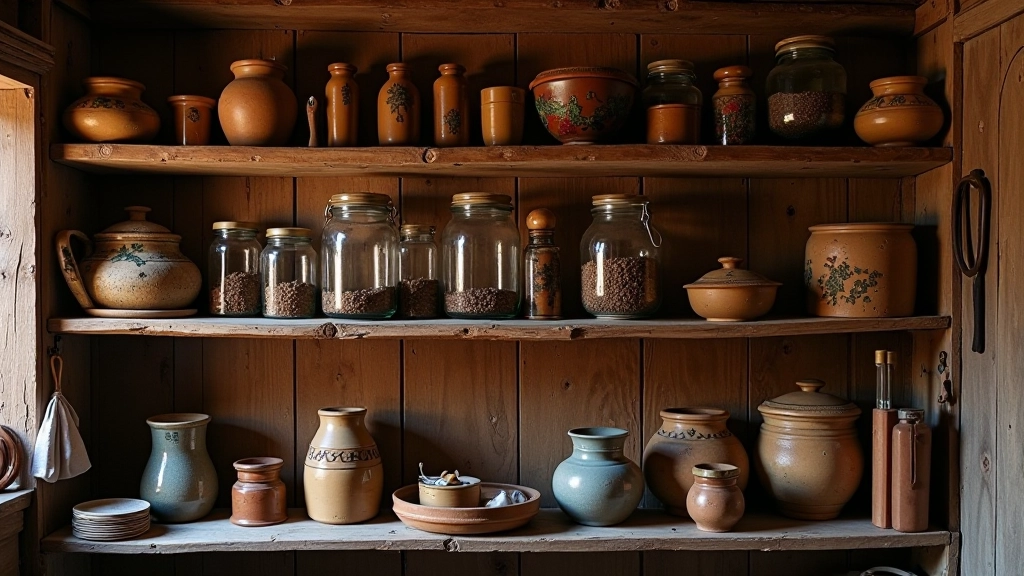 Estantes de madera con productos antiguos: frascos de yerba mate, botellas de vidrio, herramientas de trabajo y textiles enrollados