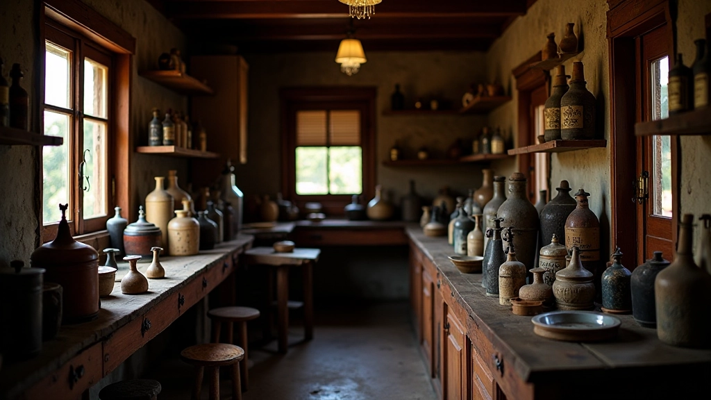 Interior de almacén de campo antiguo con estantes de madera y productos de época