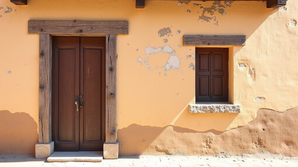 Fachada histórica de pulpería rural argentina con paredes de adobe y puerta de madera oscura
