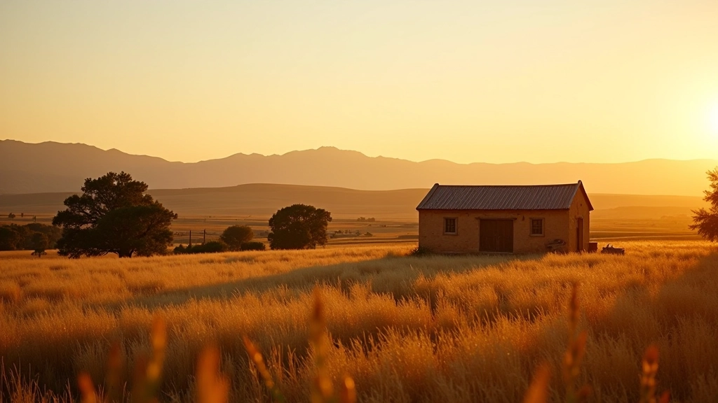 Paisaje rural con construcción de almacén de adobe rodeada de campos abiertos y árboles dispersos al atardecer