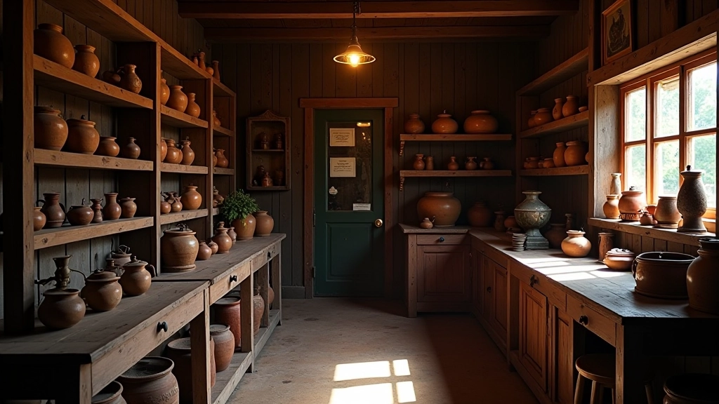 Interior de almacén de campo antiguo con estantes de madera y productos tradicionales