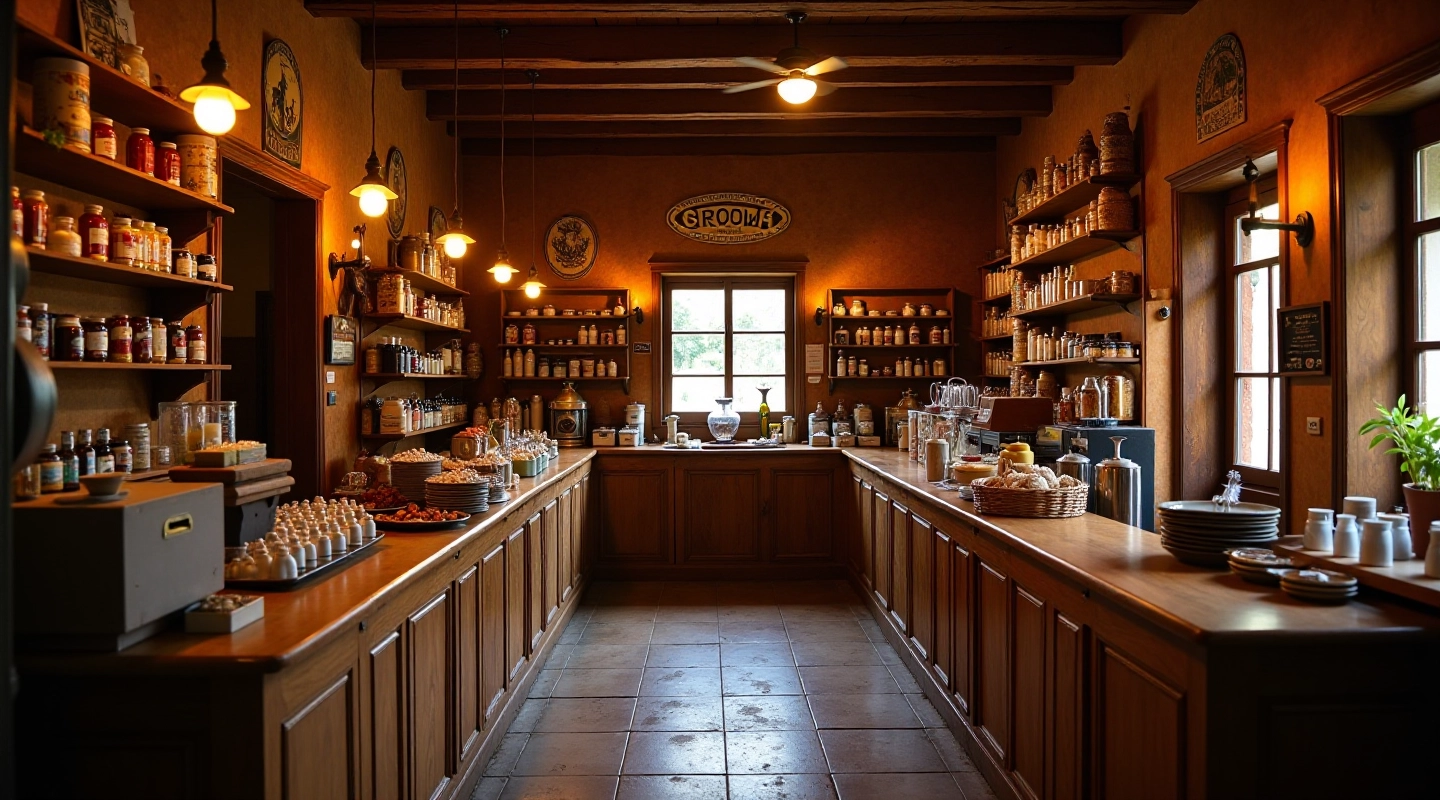 Interior tradicional de una pulpería con mostrador de madera y decoraciones históricas