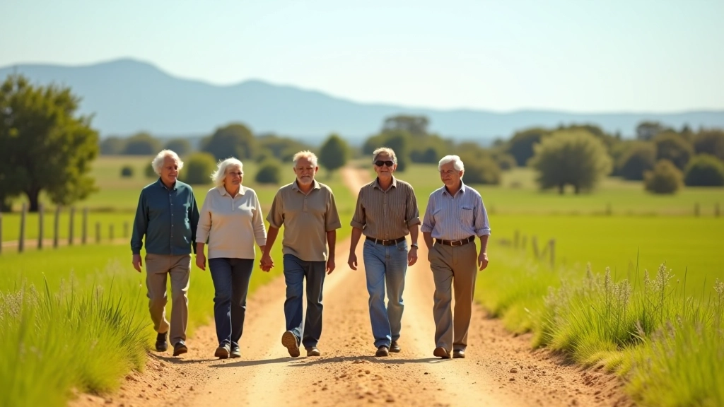 Grupo de adultos mayores caminando en camino rural, rodeados de campos verdes y cielo despejado