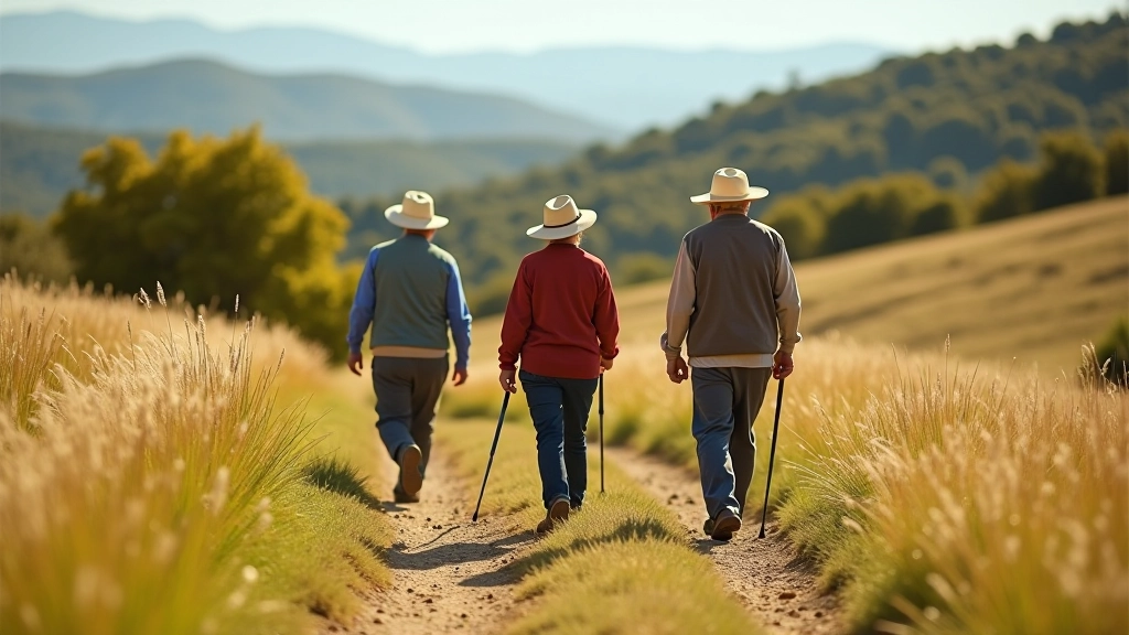 Grupo de personas mayores caminando en sendero rural rodeado de vegetación y cerca de alambre